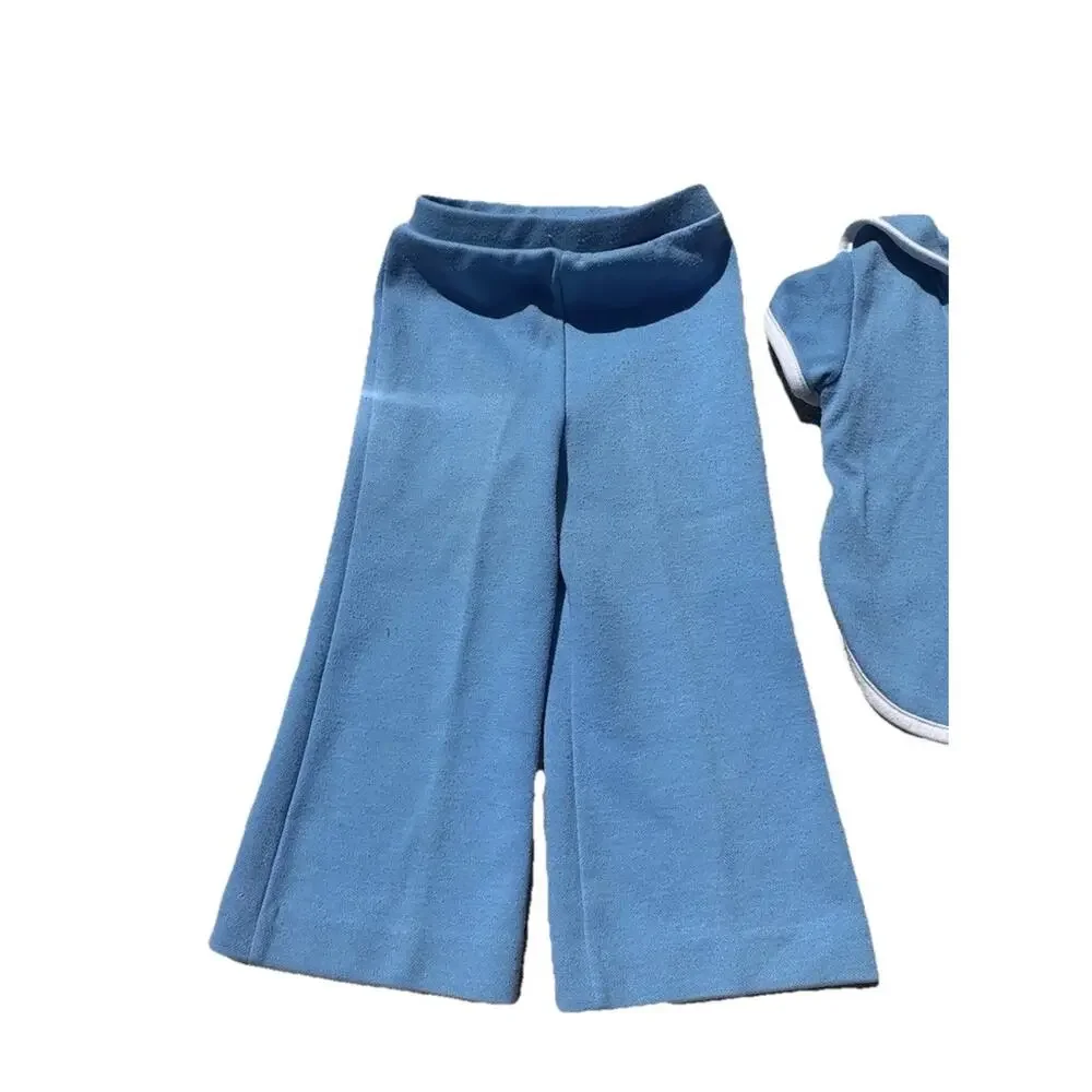 Vintage 1970s AILEEN Two Piece Outfit Blue Nautical Bell Bottom Pants Sz 3